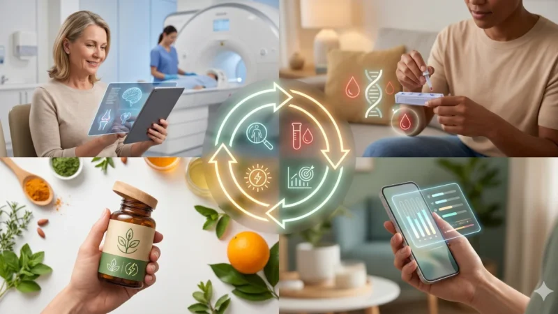 Infografía circular que muestra las 4 fases de salud: diagnóstico por imagen, tests de ADN en casa, monitoreo de glucosa y suplementación natural.