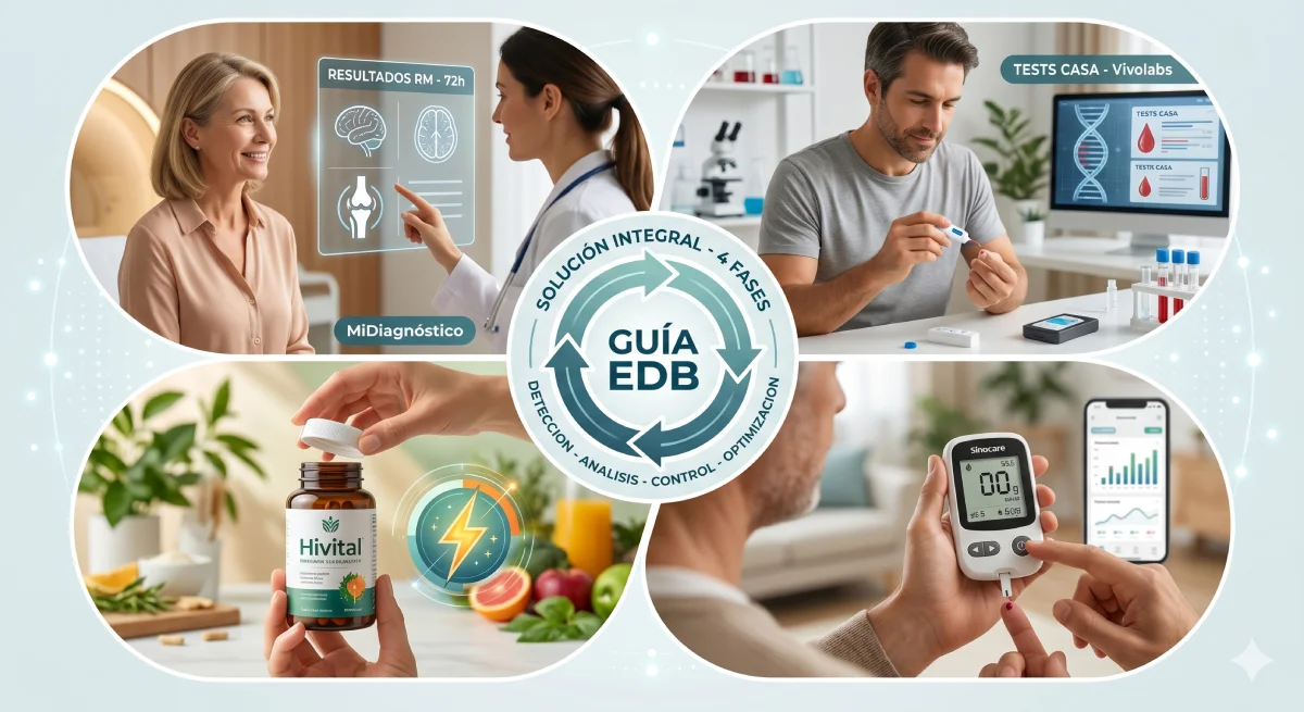 Infografía circular que muestra las 4 fases de salud: diagnóstico por imagen, tests de ADN en casa, monitoreo de glucosa y suplementación natural.