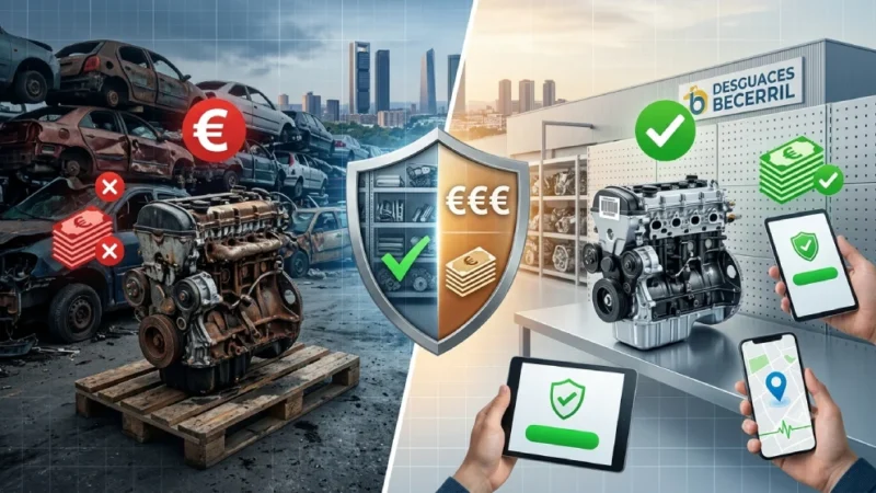 estanterias con motores y piezas mecanicas originales en un recambio de desguace autorizado